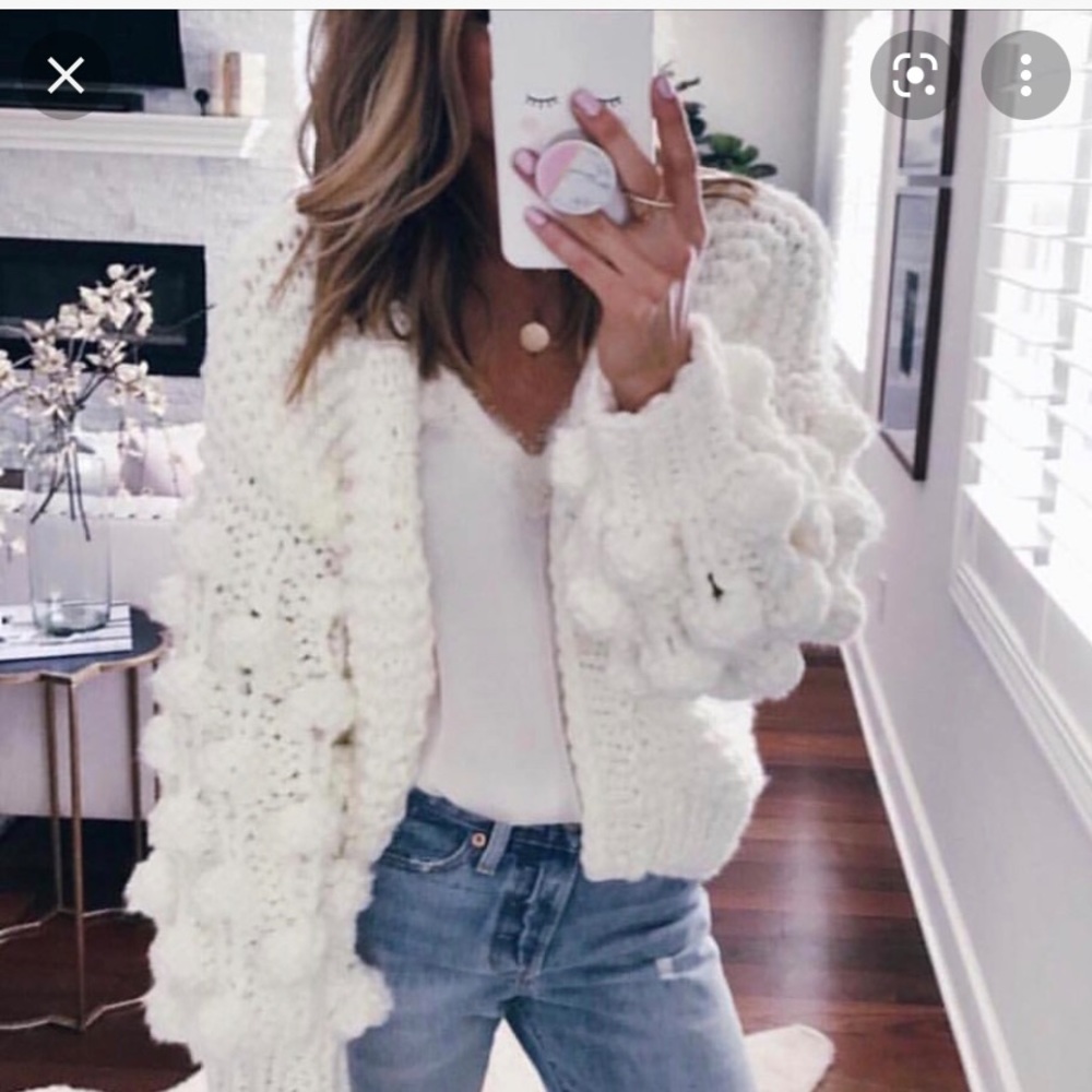Pom Pom Balloon Sleeve Cardigan